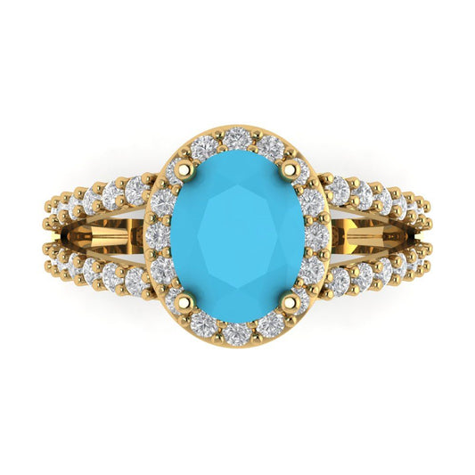 2.6 cttw Simulated Turquoise Hidden Halo Engagement Ring - Solid Yellow Gold (VVS1, Oval Cut,9x7mm)