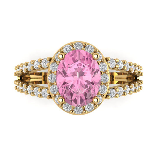 2.6 cttw Zirconia Simulated Pink Diamond Hidden Halo Engagement Ring - Solid Yellow Gold (VVS1, Oval Cut,9x7mm)