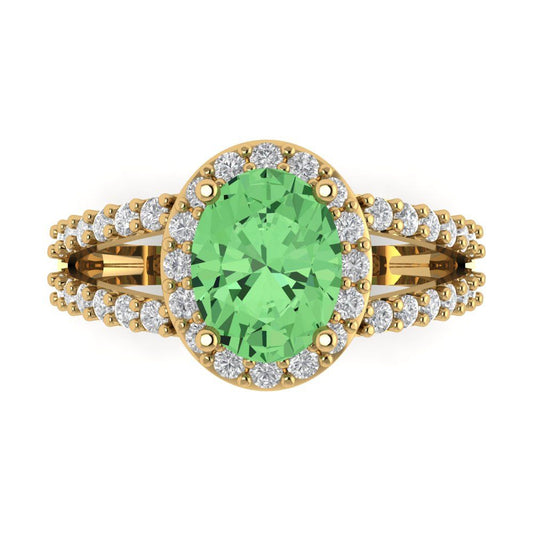 2.6 cttw Zirconia Simulated Green Diamond Hidden Halo Engagement Ring - Solid Yellow Gold (VVS1, Oval Cut,9x7mm)