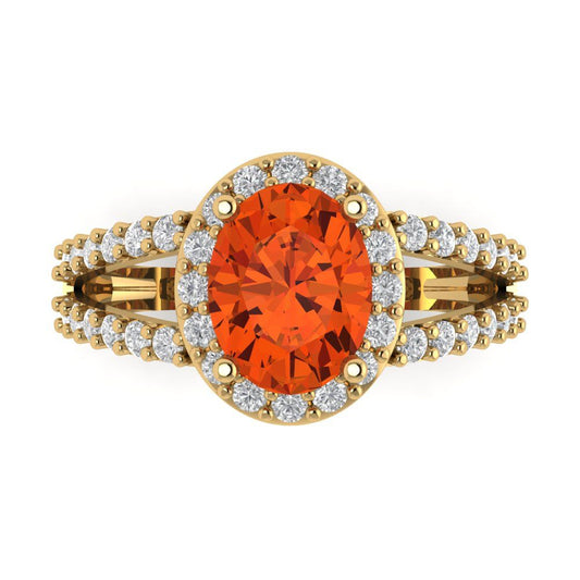 2.6 cttw Zirconia Simulated Red Diamond Hidden Halo Engagement Ring - Solid Yellow Gold (VVS1, Oval Cut,9x7mm)