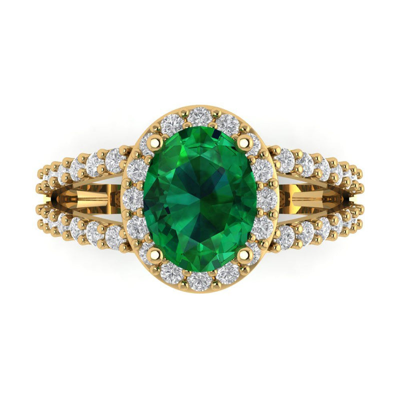 2.78 ct Brilliant Oval Cut Simulated Emerald Stone Yellow Gold Halo Solitaire with Accents Ring