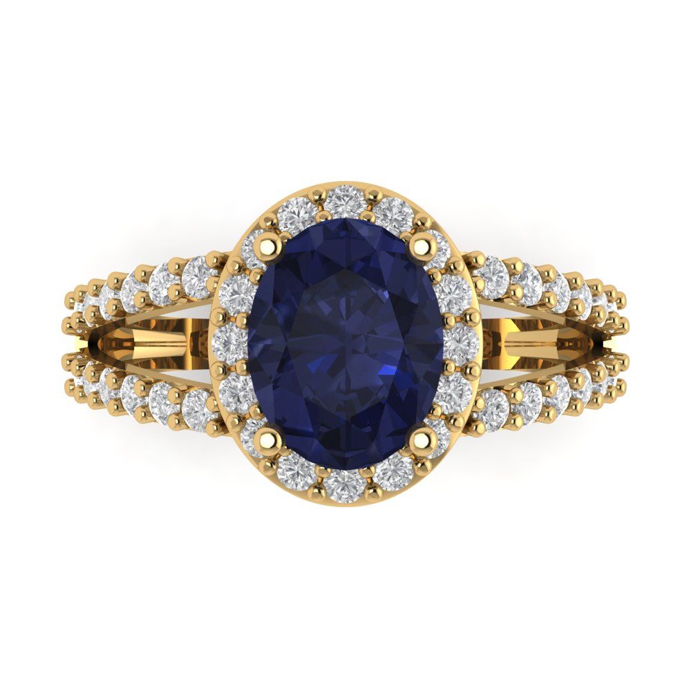 2.6 cttw Simulated Blue Sapphire Hidden Halo Engagement Ring - Solid Gold (Oval Cut,9x7mm)
