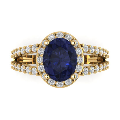 2.6 cttw Simulated Blue Sapphire Hidden Halo Engagement Ring - Solid Gold (Oval Cut,9x7mm)
