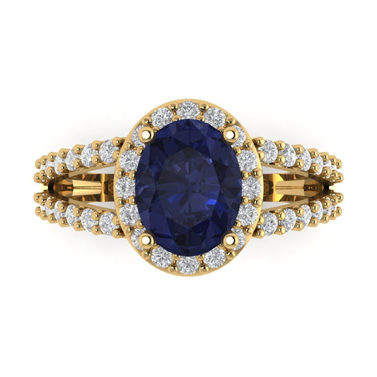 2.6 cttw Simulated Blue Sapphire Hidden Halo Engagement Ring - Solid Yellow Gold (VVS1, Oval Cut,9x7mm)