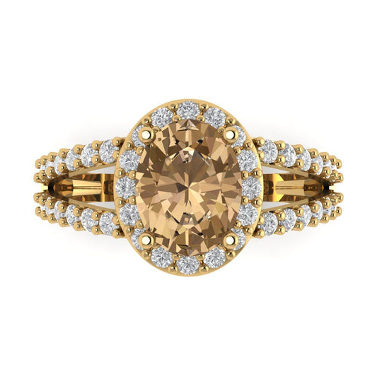 2.6 cttw Zirconia Simulated Champagne Diamond Hidden Halo Engagement Ring - Solid Yellow Gold (VVS1, Oval Cut,9x7mm)