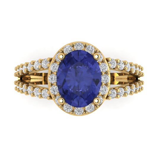 2.6 cttw Simulated Tanzanite Hidden Halo Engagement Ring - Solid Yellow Gold (VVS1, Oval Cut,9x7mm)
