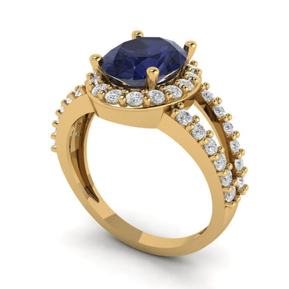 2.6 cttw Simulated Blue Sapphire Hidden Halo Engagement Ring - Solid Gold (Oval Cut,9x7mm)