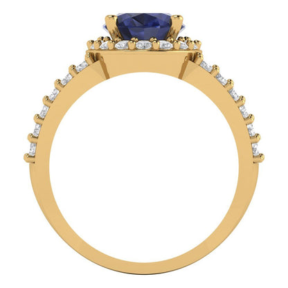 2.6 cttw Simulated Blue Sapphire Hidden Halo Engagement Ring - Solid Gold (Oval Cut,9x7mm)