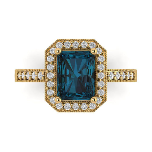2.78 cttw Natural London Blue Topaz Hidden Halo Engagement Ring - Solid Yellow Gold (VVS1, Emerald Cut,8.5x6.5mm)