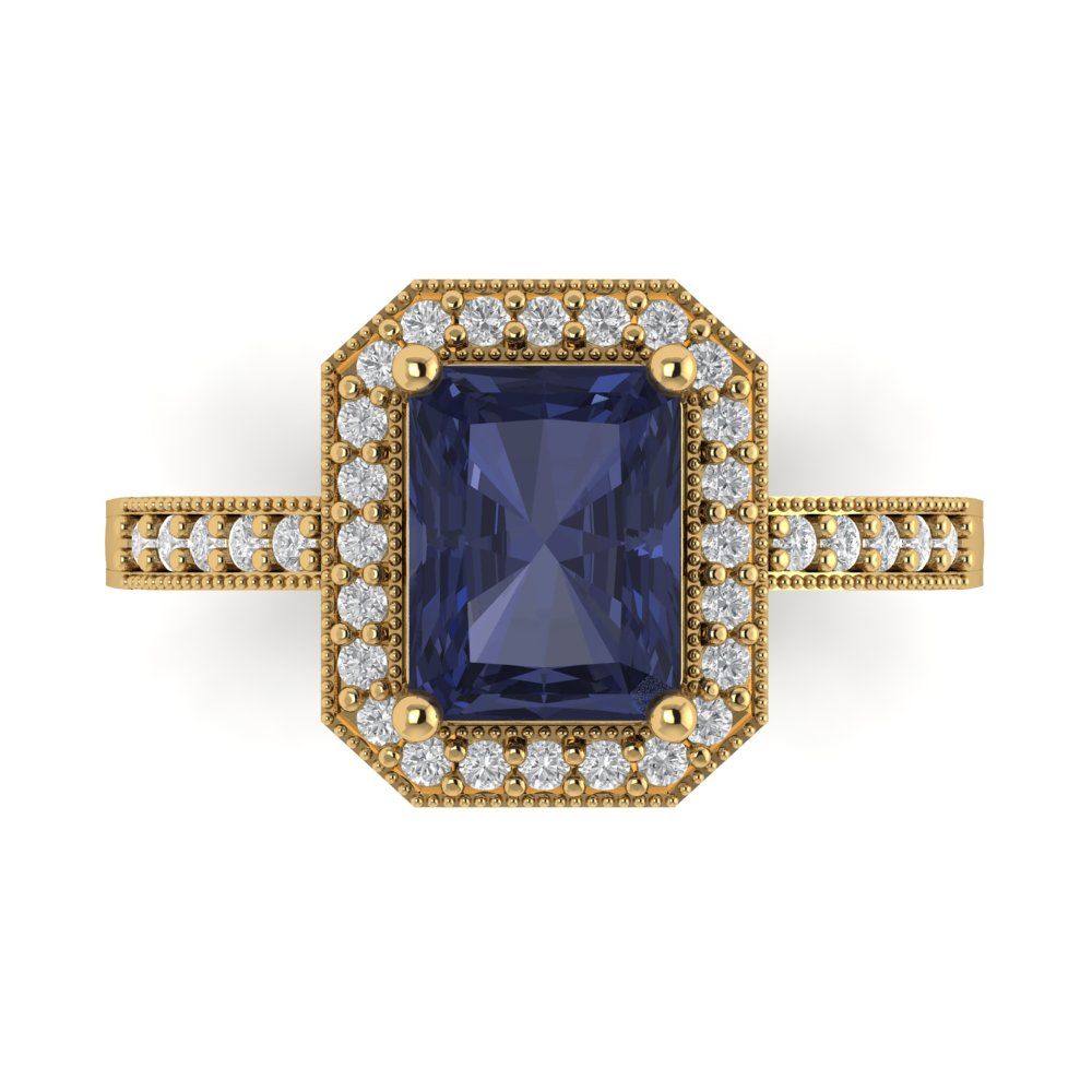 2.78 cttw Simulated Blue Sapphire Hidden Halo Engagement Ring - Solid Gold (Emerald Cut,8.5x6.5mm)