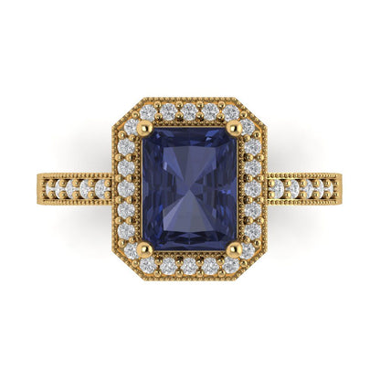 2.78 cttw Simulated Blue Sapphire Hidden Halo Engagement Ring - Solid Gold (Emerald Cut,8.5x6.5mm)