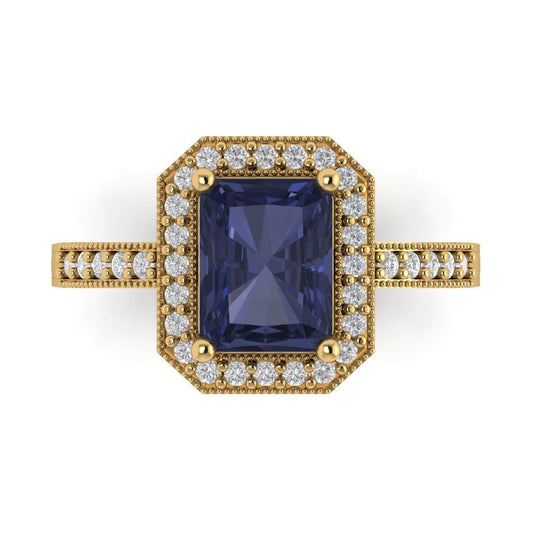 2.78 cttw Simulated Blue Sapphire Hidden Halo Engagement Ring - Solid Yellow Gold (VVS1, Emerald Cut,8.5x6.5mm)
