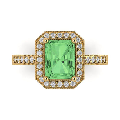 2.78 cttw Zirconia Simulated Green Diamond Hidden Halo Engagement Ring - Solid Gold (VVS1, Emerald Cut,8.5x6.5mm)