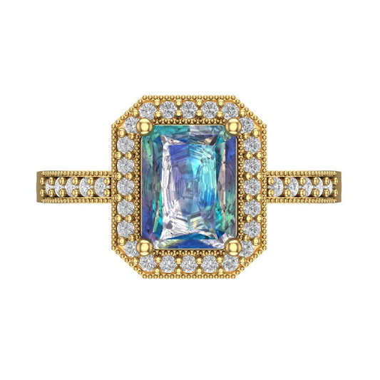 2.78 cttw Blue Moissanite Hidden Halo Engagement Ring - Solid Yellow Gold (VVS1, Emerald Cut,8.5x6.5mm)
