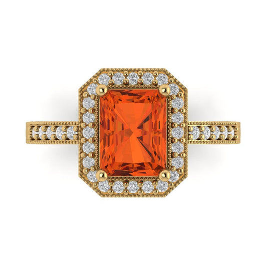 2.78 cttw Zirconia Simulated Red Diamond Hidden Halo Engagement Ring - Solid Yellow Gold (VVS1, Emerald Cut,8.5x6.5mm)