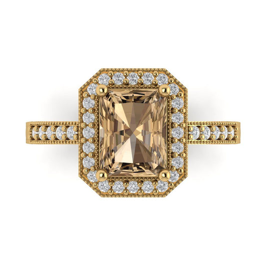 2.78 cttw Zirconia Simulated Champagne Diamond Hidden Halo Engagement Ring - Solid Yellow Gold (VVS1, Emerald Cut,8.5x6.5mm)