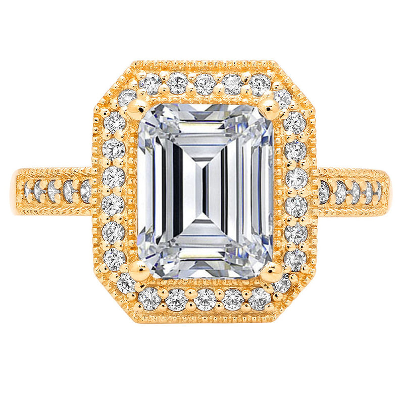 2.9 ct Brilliant Emerald Cut Natural Diamond Stone Clarity SI1-2 Color G-H Yellow Gold Halo Solitaire with Accents Ring