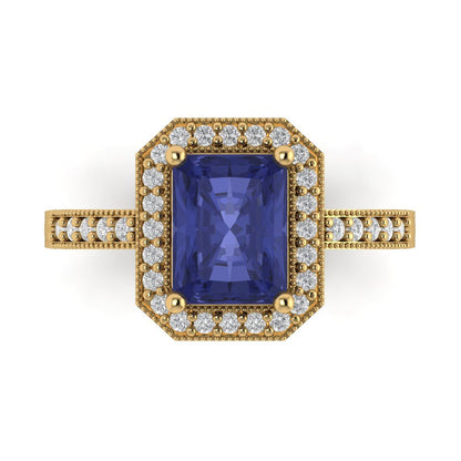 2.78 cttw Simulated Tanzanite Hidden Halo Engagement Ring - Solid Gold (Emerald Cut,8.5x6.5mm)