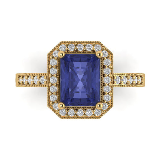 2.78 cttw Simulated Tanzanite Hidden Halo Engagement Ring - Solid Yellow Gold (VVS1, Emerald Cut,8.5x6.5mm)