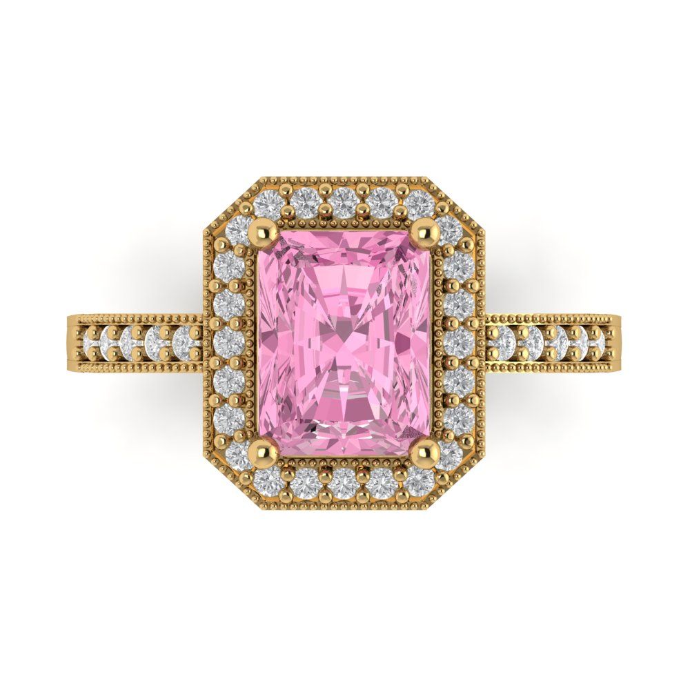 2.78 cttw Zirconia Simulated Pink Diamond Hidden Halo Engagement Ring - Solid Gold (VVS1, Emerald Cut,8.5x6.5mm)