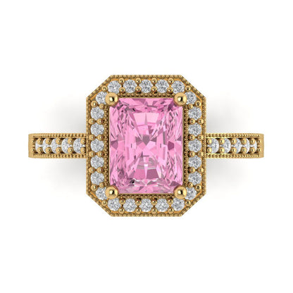 2.78 cttw Zirconia Simulated Pink Diamond Hidden Halo Engagement Ring - Solid Gold (VVS1, Emerald Cut,8.5x6.5mm)