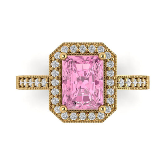 2.78 cttw Zirconia Simulated Pink Diamond Hidden Halo Engagement Ring - Solid Yellow Gold (VVS1, Emerald Cut,8.5x6.5mm)