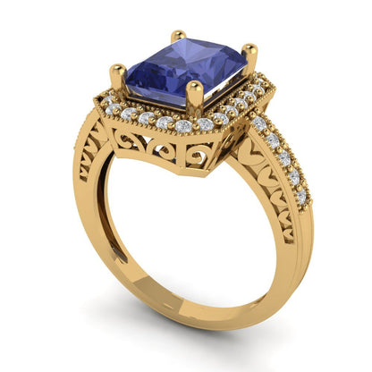 2.78 cttw Simulated Tanzanite Hidden Halo Engagement Ring - Solid Gold (Emerald Cut,8.5x6.5mm)