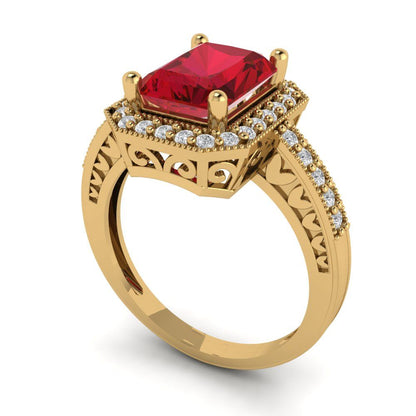 2.78 cttw Simulated Ruby Hidden Halo Engagement Ring - Solid Gold (Emerald Cut,8.5x6.5mm)