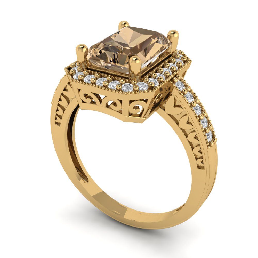 2.78 cttw Zirconia Simulated Champagne Diamond Hidden Halo Engagement Ring - Solid Gold (VVS1, Emerald Cut,8.5x6.5mm)