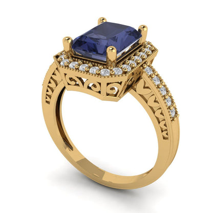 2.78 cttw Simulated Blue Sapphire Hidden Halo Engagement Ring - Solid Gold (Emerald Cut,8.5x6.5mm)
