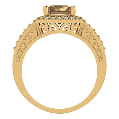 2.78 cttw Zirconia Simulated Champagne Diamond Hidden Halo Engagement Ring - Solid Gold (VVS1, Emerald Cut,8.5x6.5mm)