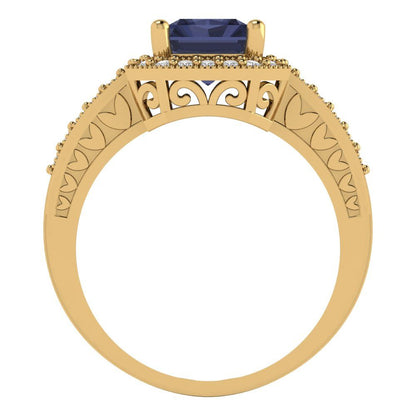 2.78 cttw Simulated Blue Sapphire Hidden Halo Engagement Ring - Solid Gold (Emerald Cut,8.5x6.5mm)