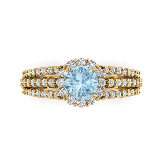 1.83 cttw Zirconia Simulated Blue Diamond Hidden Halo Engagement Ring - Solid Yellow Gold (VVS1, Round Cut,6.5mm)
