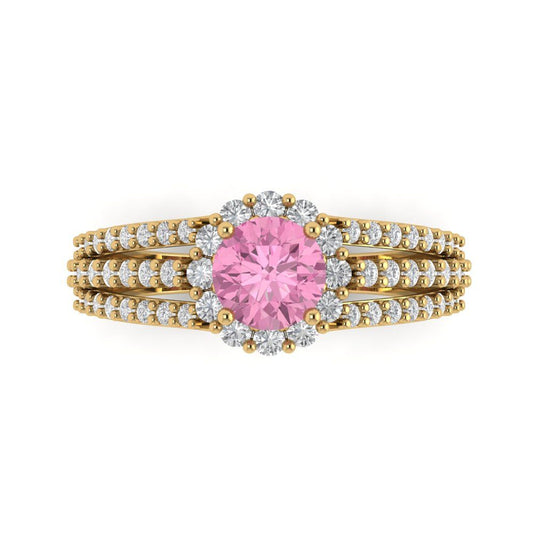 1.83 cttw Zirconia Simulated Pink Diamond Hidden Halo Engagement Ring - Solid Yellow Gold (VVS1, Round Cut,6.5mm)