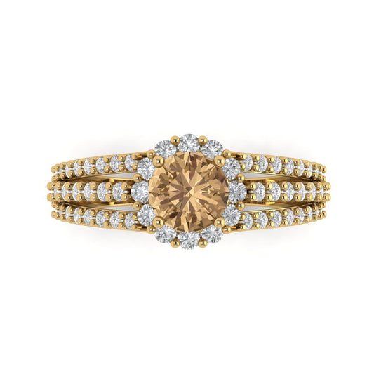 1.83 cttw Zirconia Simulated Champagne Diamond Hidden Halo Engagement Ring - Solid Yellow Gold (VVS1, Round Cut,6.5mm)
