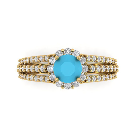 1.83 cttw Simulated Turquoise Hidden Halo Engagement Ring - Solid Yellow Gold (VVS1, Round Cut,6.5mm)