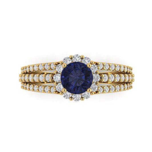1.83 cttw Simulated Blue Sapphire Hidden Halo Engagement Ring - Solid Yellow Gold (VVS1, Round Cut,6.5mm)