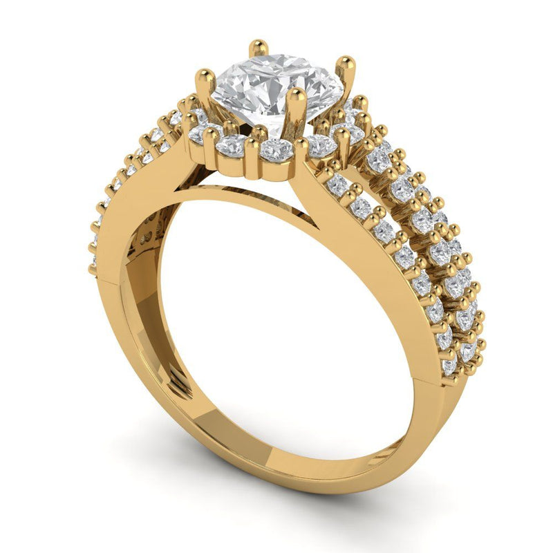 1.76 ct Brilliant Round Cut Natural Diamond Stone Clarity SI1-2 Color G-H Yellow Gold Halo Solitaire with Accents Ring