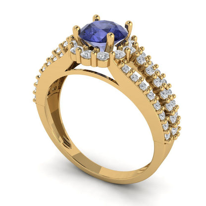 1.83 cttw Simulated Tanzanite Hidden Halo Engagement Ring - Solid Gold (Round Cut,6.5mm)
