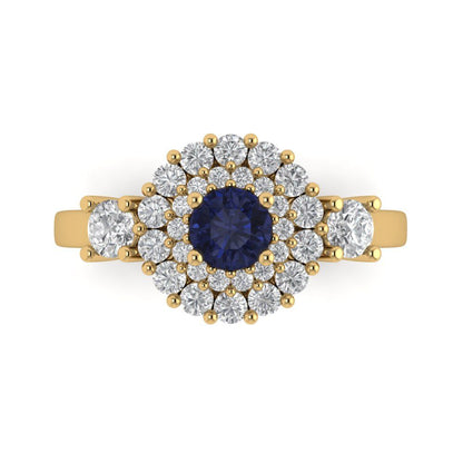 1.4 cttw Simulated Blue Sapphire Hidden Halo Engagement Ring - Solid Gold (Round Cut,5.0mm)