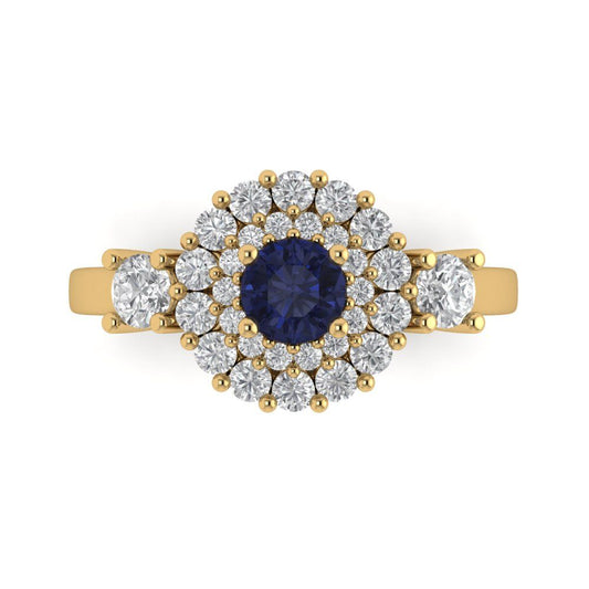 1.4 cttw Simulated Blue Sapphire Hidden Halo Engagement Ring - Solid Yellow Gold (VVS1, Round Cut,5.0mm)