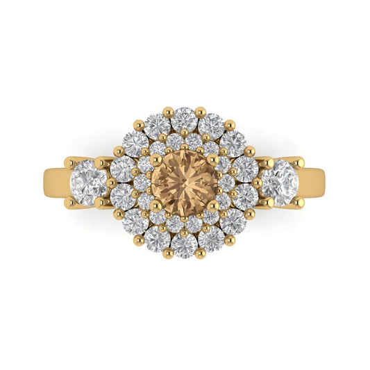 1.4 cttw Zirconia Simulated Champagne Diamond Hidden Halo Engagement Ring - Solid Yellow Gold (VVS1, Round Cut,5.0mm)
