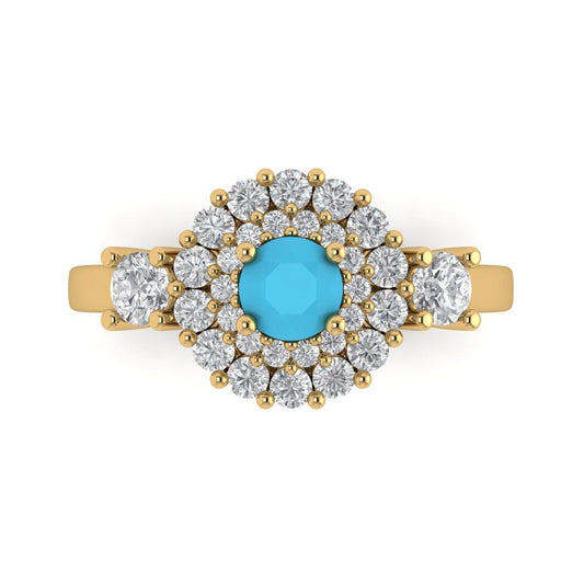 1.4 cttw Simulated Turquoise Hidden Halo Engagement Ring - Solid Yellow Gold (VVS1, Round Cut,5.0mm)