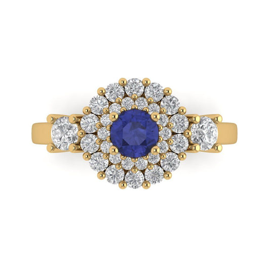 1.4 cttw Simulated Tanzanite Hidden Halo Engagement Ring - Solid Yellow Gold (VVS1, Round Cut,5.0mm)