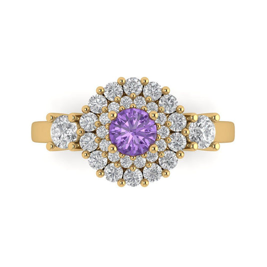 1.4 cttw Simulated Alexandrite Hidden Halo Engagement Ring - Solid Yellow Gold (VVS1, Round Cut,5.0mm)