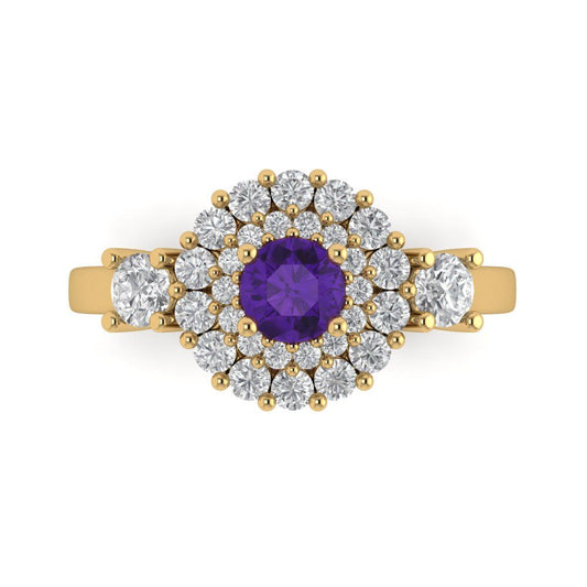 1.4 cttw Natural Amethyst Hidden Halo Engagement Ring - Solid Yellow Gold (VVS1, Round Cut,5.0mm)