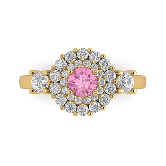 1.4 cttw Zirconia Simulated Pink Diamond Hidden Halo Engagement Ring - Solid Yellow Gold (VVS1, Round Cut,5.0mm)