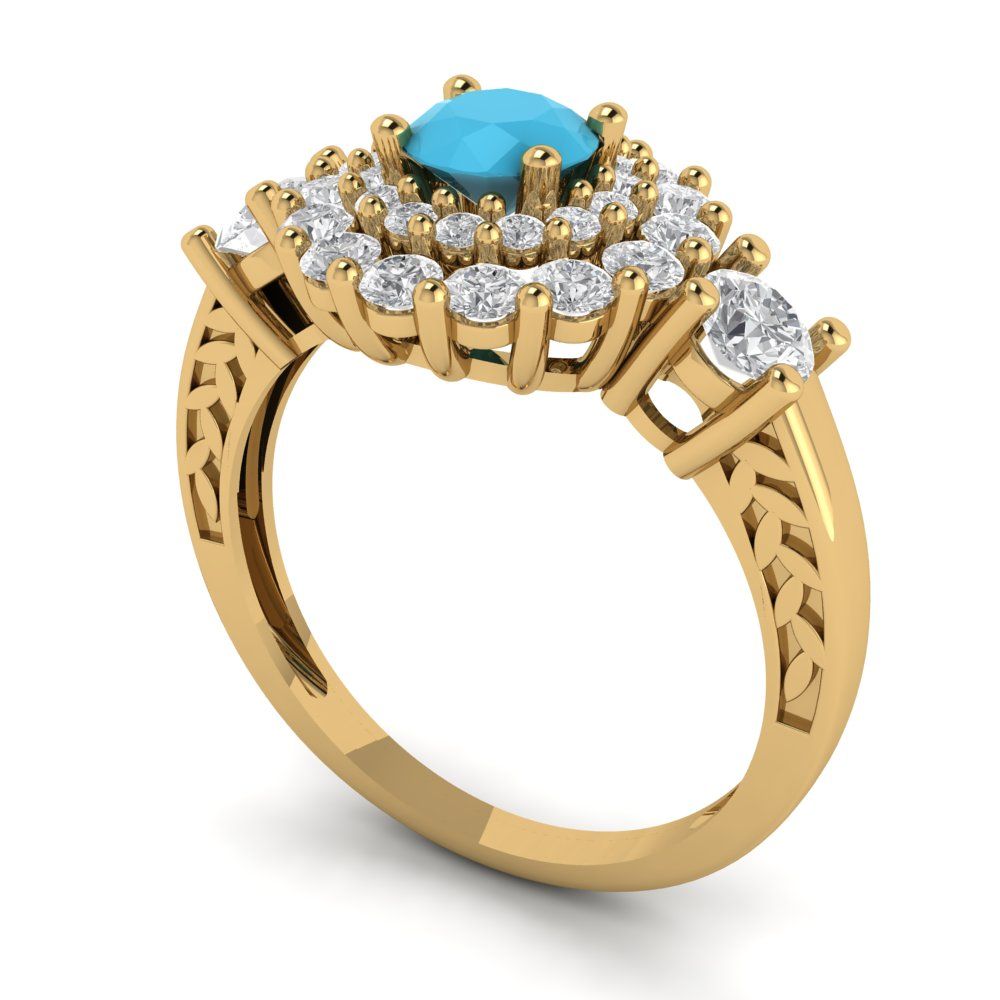 1.4 cttw Simulated Turquoise Hidden Halo Engagement Ring - Solid Gold (Round Cut,5.0mm)