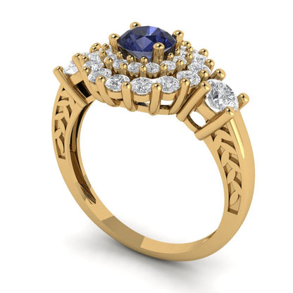 1.4 cttw Simulated Blue Sapphire Hidden Halo Engagement Ring - Solid Gold (Round Cut,5.0mm)
