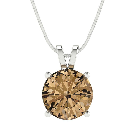 3 tcw Necklace Pendant - 14K White Gold Round Cut Solitaire  Champagne - Adjustable Length - 15in Box Chain to 18in